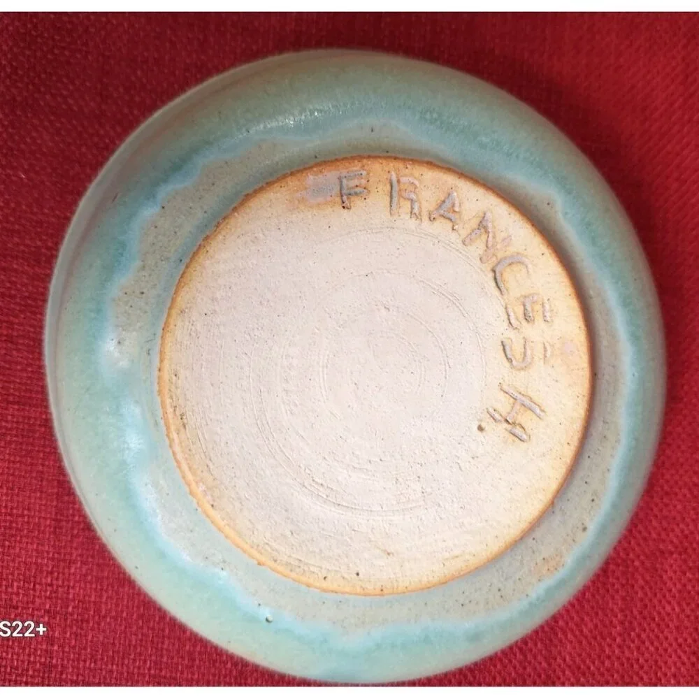 Handmade Ceramic Glazed Bowl By Frances H With Blue Swirl Design 6" - Picture 3 of 5